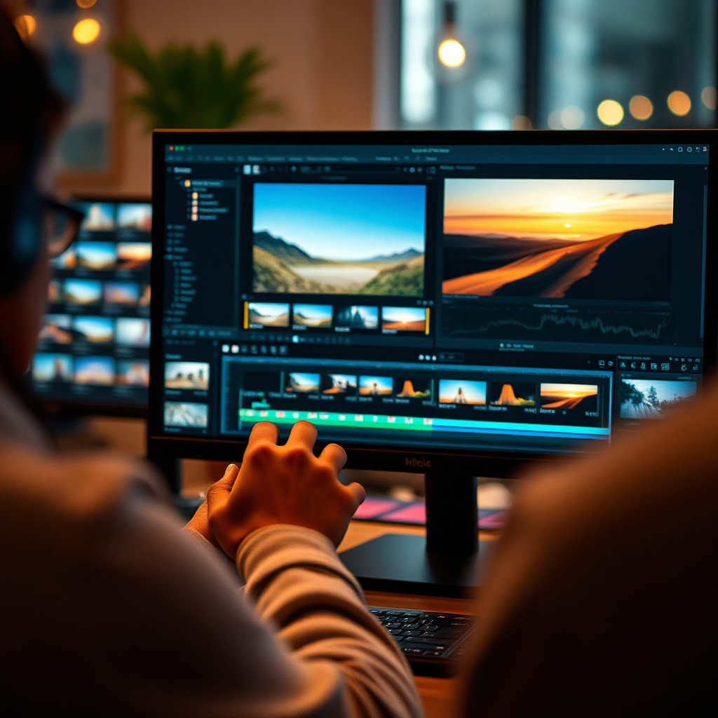 someone editing pictures on photo editing software with various images open on a computer screen, creative and modern media production atmosphere